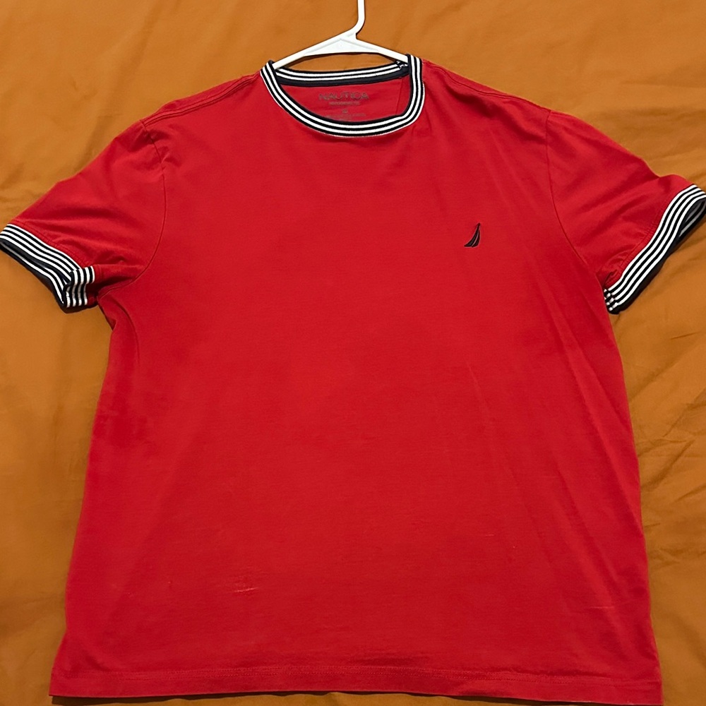 Nautica Men's Red Tee with Striped Sleeves